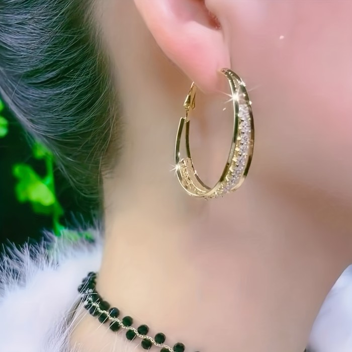 Shiny Rhinestone Decor Hoop Earrings - Retro Elegant Style Zinc Alloy Jewelry for Delicate Female Gift