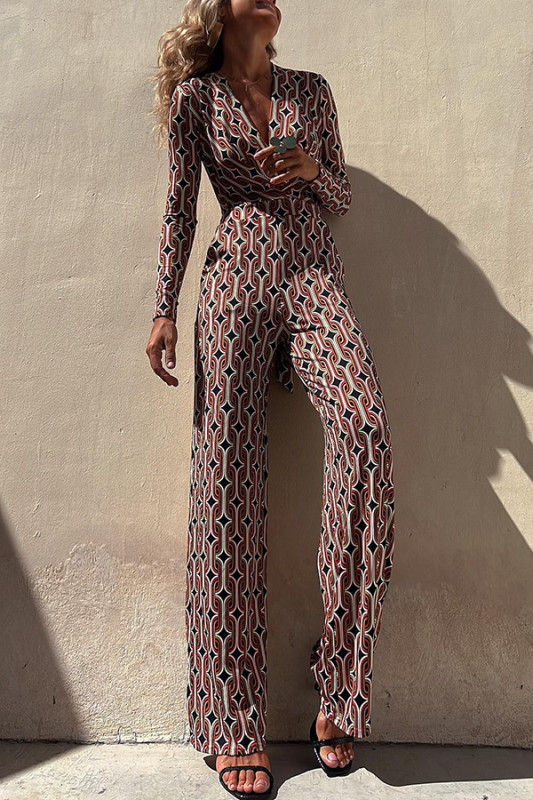 Rosado Chain Print Tie Waist Pocketed Stretch Flare Jumpsuit