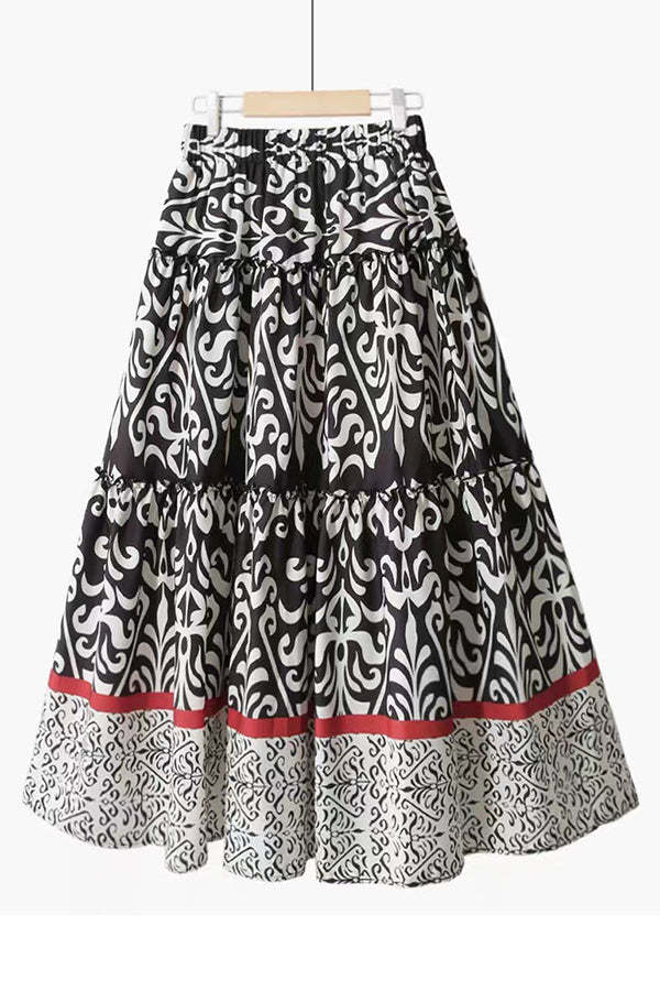 Rosine Ethnic Print Elastic Waist Tiered Midi Dress