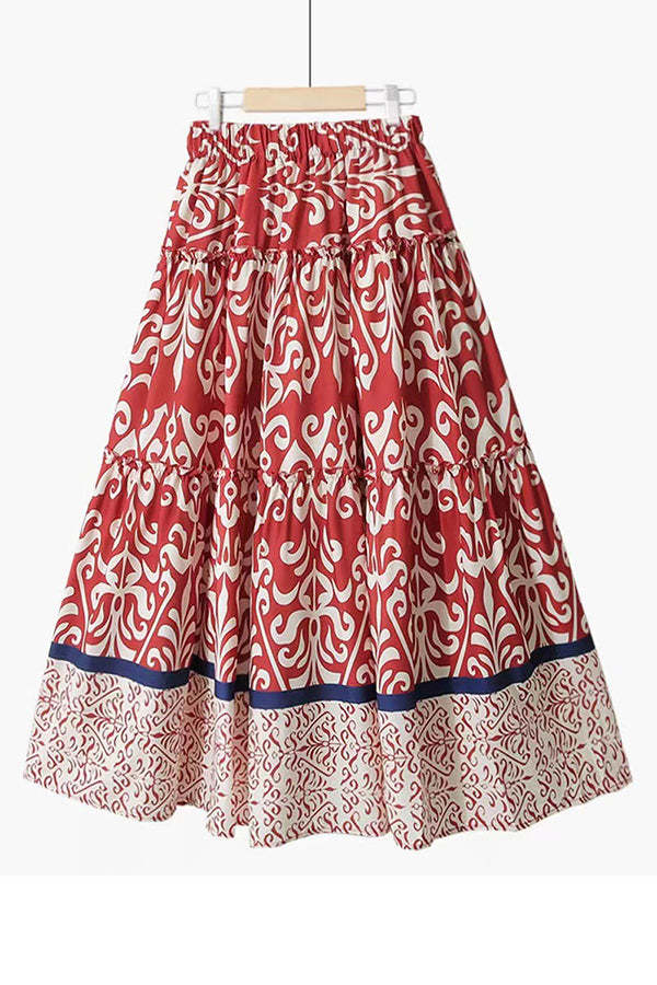 Rosine Ethnic Print Elastic Waist Tiered Midi Dress