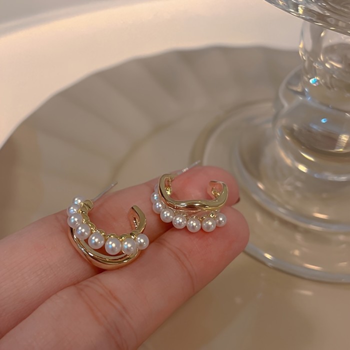 C Shape Faux Pearl Decor Stud Earrings Simple Elegant Style Ear Jewelry Trendy Female Gift