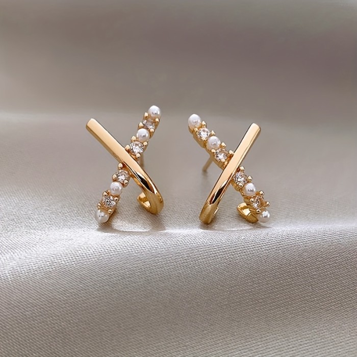 Elegant X Design Stud Earrings with Imitation Pearl - Delicate Zinc Alloy Jewelry for Women