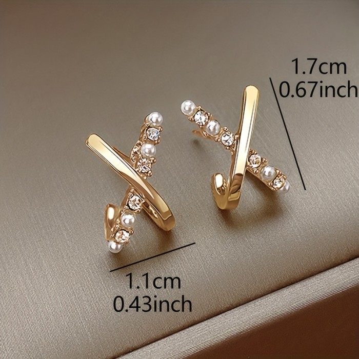 Elegant X Design Stud Earrings with Imitation Pearl - Delicate Zinc Alloy Jewelry for Women