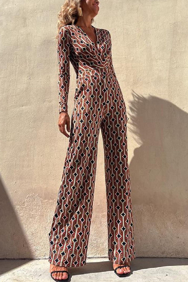 Rosado Chain Print Tie Waist Pocketed Stretch Flare Jumpsuit