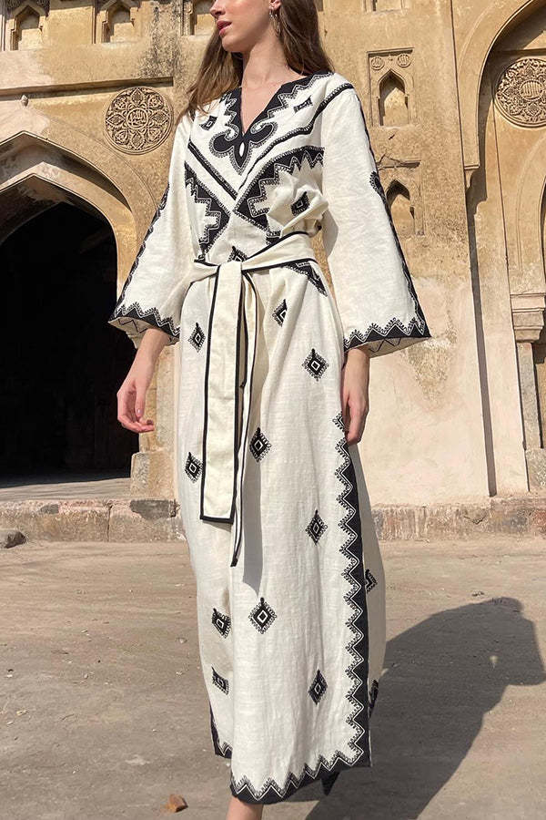 Quiet Atmosphere Linen Blend Ethnic Print Belted Midi Dress