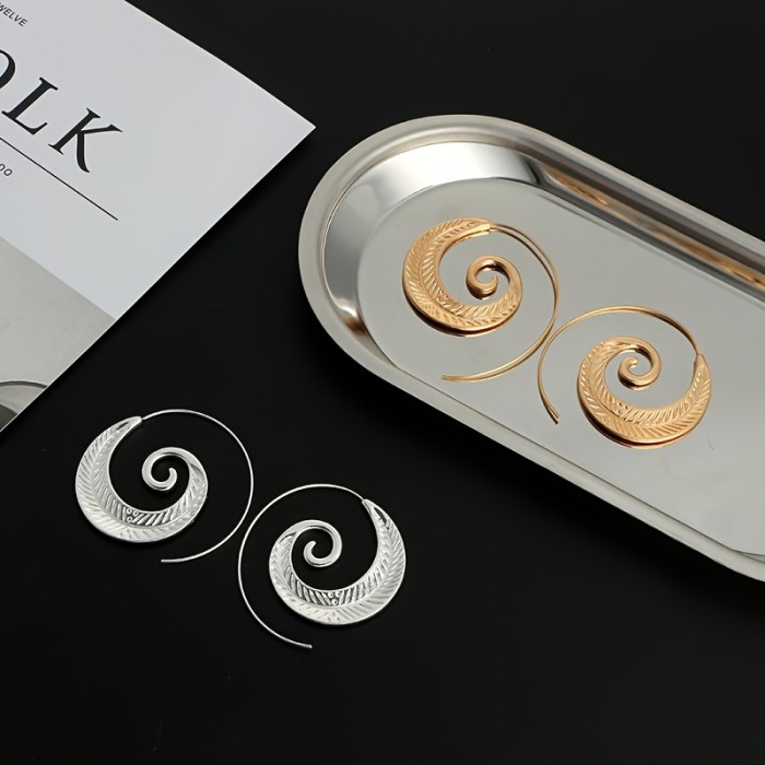 Exaggerated Oval Spiral Earrings Vintage Swirl Gear Shaped Ear Jewelry For Women