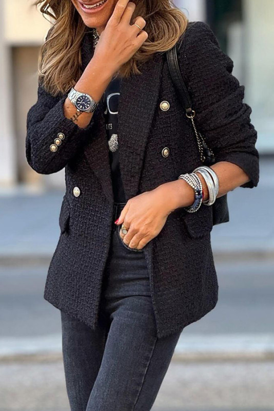 Classic Yet Fashionable Tweed Metal Button Lapel Blazer Jacket