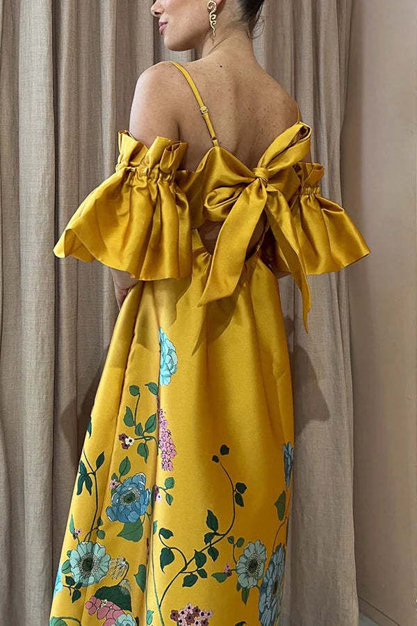 Sweetest Marigold Printed Gathered Sleeve Pocketed A-line Midi Dress