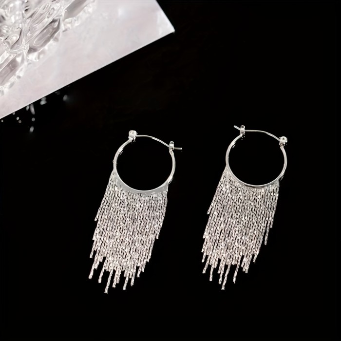 Silvery Sparkling Tassel Design Dangle Earrings Elegant Minimalist Style Copper Plated Jewelry Exquisite Female Gift