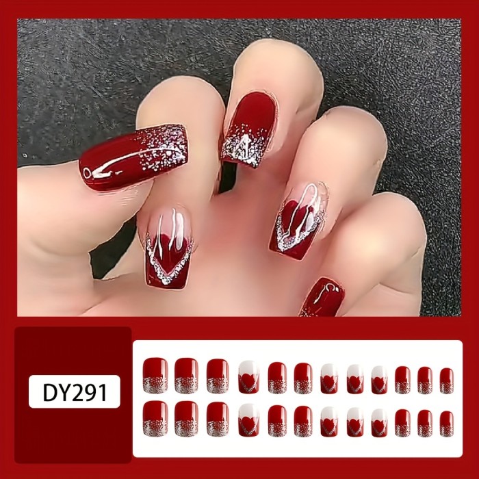 24pcs Medium Square Press On Nails Red Glitter French Style Heart Pattern Fake Nails Glossy Artificial Finger Manicure False Nails