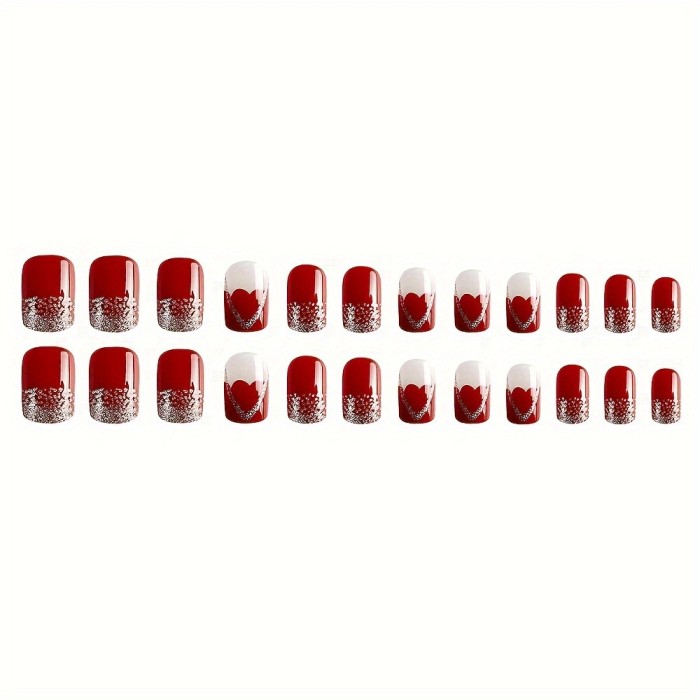 24pcs Medium Square Press On Nails Red Glitter French Style Heart Pattern Fake Nails Glossy Artificial Finger Manicure False Nails