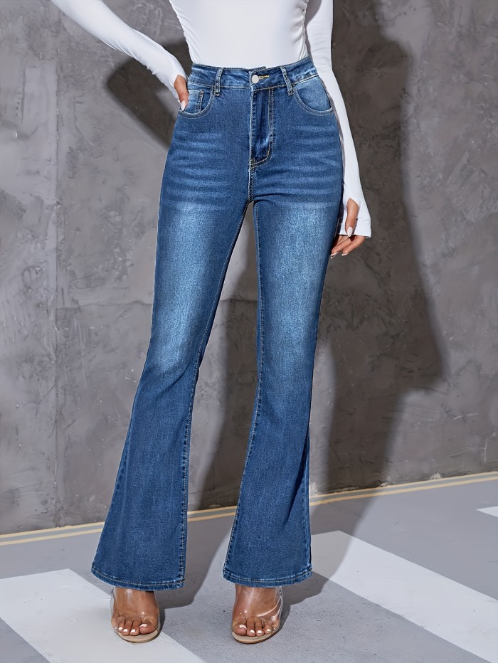 Women's High Waist Stretch Flare Leg Jeans, Blue Washed Denim, Slim Fit Casual Sexy Flared Jeans With Pockets, Street Style