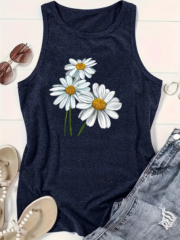 Floral Print Crew Neck Tank Top, Casual Sleeveless Top For Spring & Summer, Women's Clothing