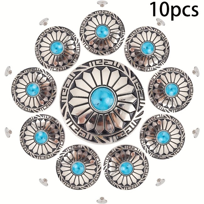 10pcs Vintage Blue Turquoise Flower Daisy 30mm Screw Back Buttons for DIY Leather Craft and Sewing - Replacement Buckle for Bags and Fabrics