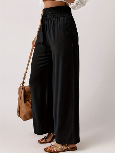 Solid Wide Leg Pants, Casual Tied Elastic Waist Loose Pants, Women's Clothing
