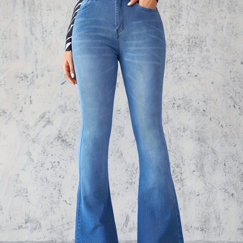 High Waist Flared Jeans, Casual Style Denim Pants, Versatile Stretch Bell Bottoms for Women, Classic Blue Zipper Closure