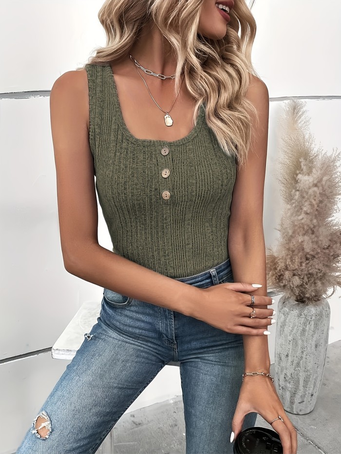 Solid Button Detail Textured Tank Top, Casual Sleeveless Round Neck Top, Women's Clothing