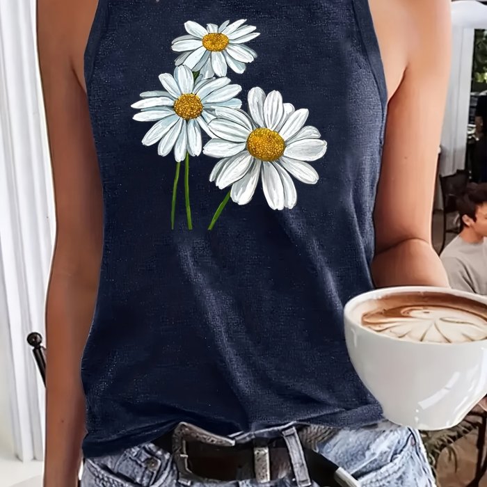 Floral Print Crew Neck Tank Top, Casual Sleeveless Top For Spring & Summer, Women's Clothing