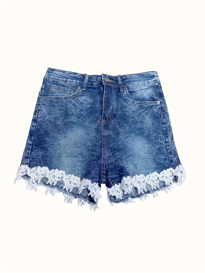 Women's Fashion Denim Shorts, Sexy Lace Trim, Casual Summer Jeans Hot Pants With Pockets, Fairycore Stylish Streetwear