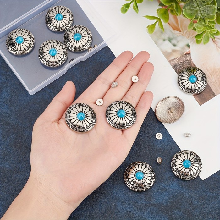 10pcs Vintage Blue Turquoise Flower Daisy 30mm Screw Back Buttons for DIY Leather Craft and Sewing - Replacement Buckle for Bags and Fabrics