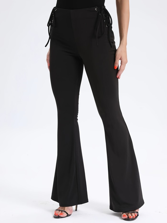 Side Tie Flare Leg Pants, Elegant Solid High Waist Slim Pants For Spring & Fall, Women's Clothing