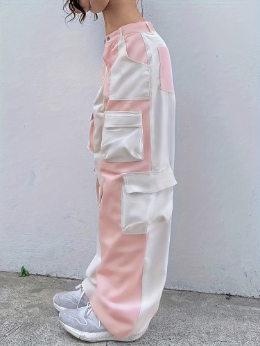 Colorblock Flap Pocket Cargo Pants, Y2K Low Waist Loose Street Wear Pants, Women's Clothing