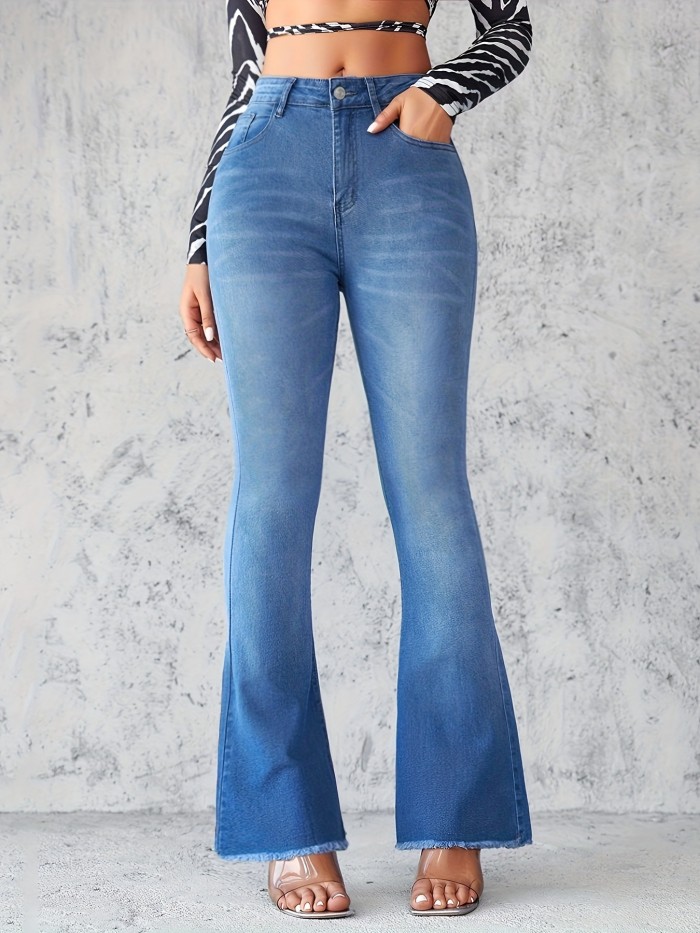 High Waist Flared Jeans, Casual Style Denim Pants, Versatile Stretch Bell Bottoms for Women, Classic Blue Zipper Closure