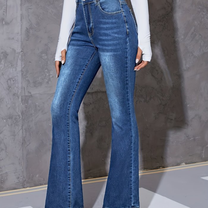 Women's High Waist Stretch Flare Leg Jeans, Blue Washed Denim, Slim Fit Casual Sexy Flared Jeans With Pockets, Street Style
