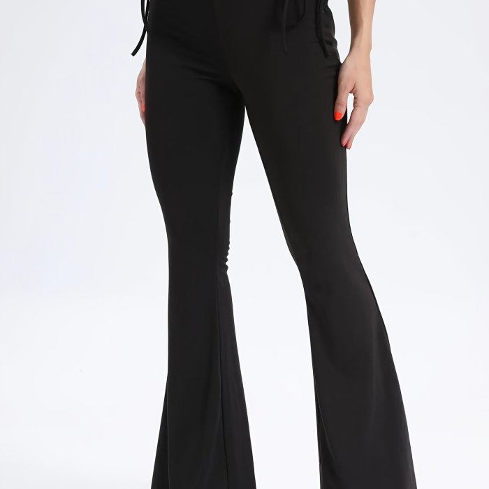 Side Tie Flare Leg Pants, Elegant Solid High Waist Slim Pants For Spring & Fall, Women's Clothing