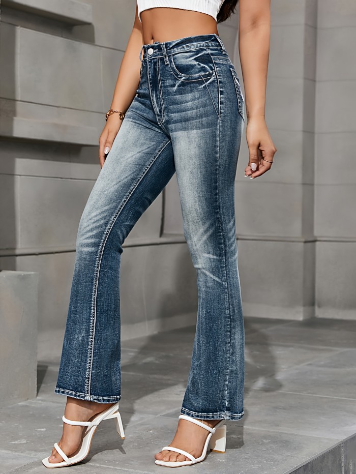 High-Waisted Wings Detail Boot Cut Women's Denim Jeans, Elegant Style, Stretchy Slim Fit, Classic Blue Wash With Pockets