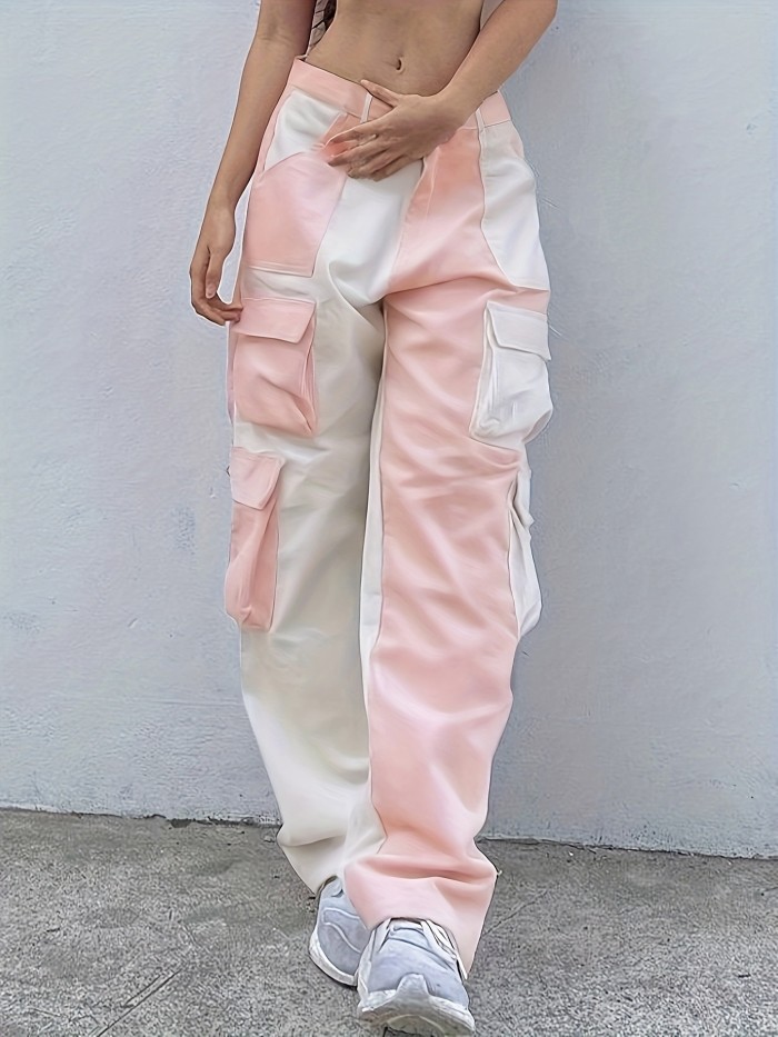 Colorblock Flap Pocket Cargo Pants, Y2K Low Waist Loose Street Wear Pants, Women's Clothing