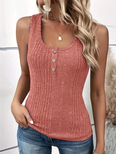 Solid Button Detail Textured Tank Top, Casual Sleeveless Round Neck Top, Women's Clothing