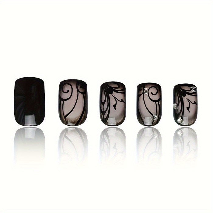 Short Square Press On Nails, Black Vine Design Fake Nails,Full Cover False Nails For Women And Girls