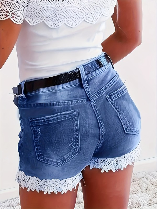 Women's Fashion Denim Shorts, Sexy Lace Trim, Casual Summer Jeans Hot Pants With Pockets, Fairycore Stylish Streetwear