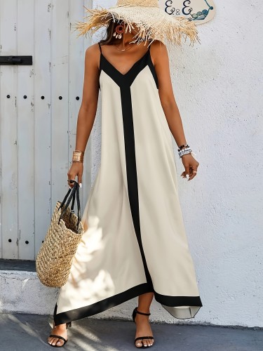Contrast Trim Spaghetti Strap Cami Dress, Elegant Sleeveless V-neck Backless Dress, Women's Clothing