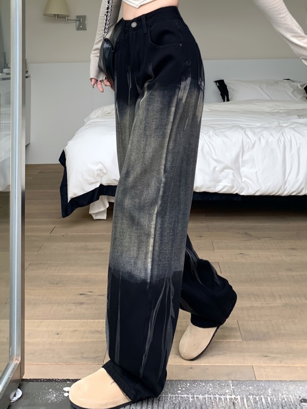 Women's High Waist Gradient Ombre Jeans, Spring Fashion, Casual Loose Fit Wide Leg Floor-Length Pants