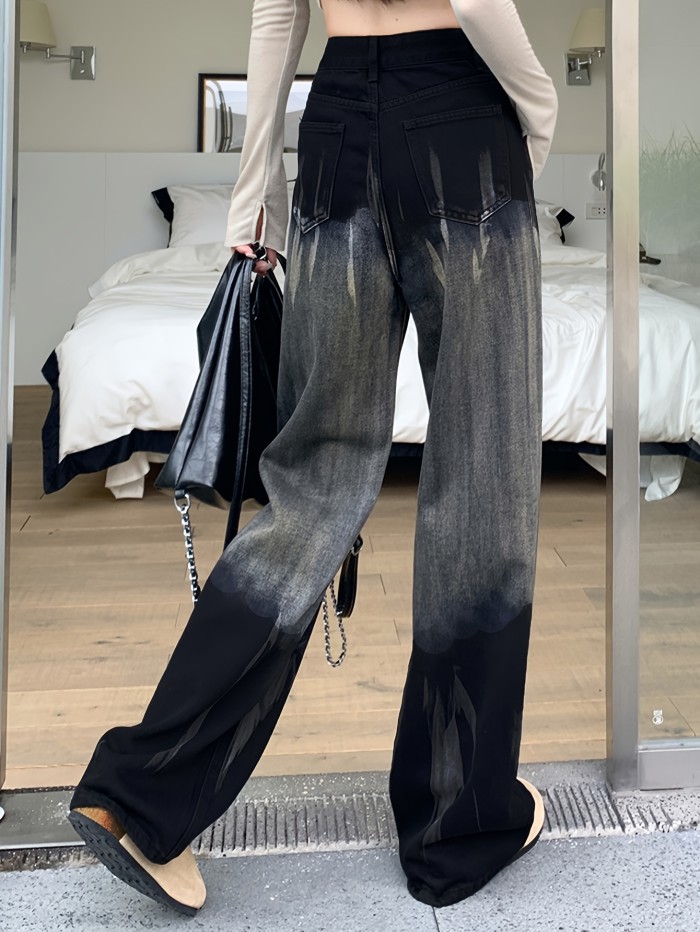 Women's High Waist Gradient Ombre Jeans, Spring Fashion, Casual Loose Fit Wide Leg Floor-Length Pants