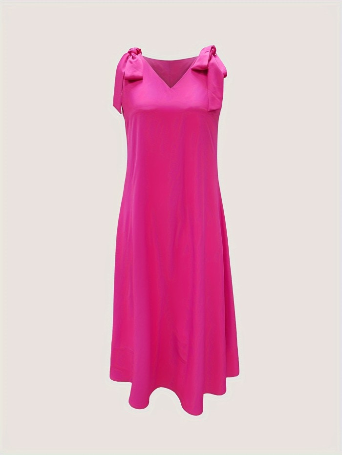 V Neck Tie Strap Dress, Casual Solid Sleeveless Dress For Spring & Summer, Women's Clothing