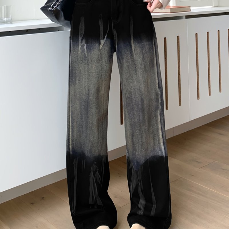 Women's High Waist Gradient Ombre Jeans, Spring Fashion, Casual Loose Fit Wide Leg Floor-Length Pants