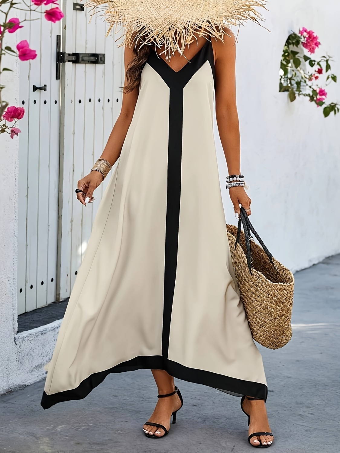 Simple Contrast Trim Spaghetti Strap Bow Tie Chunky Ribbed Knit Crop Tank Top main image 1