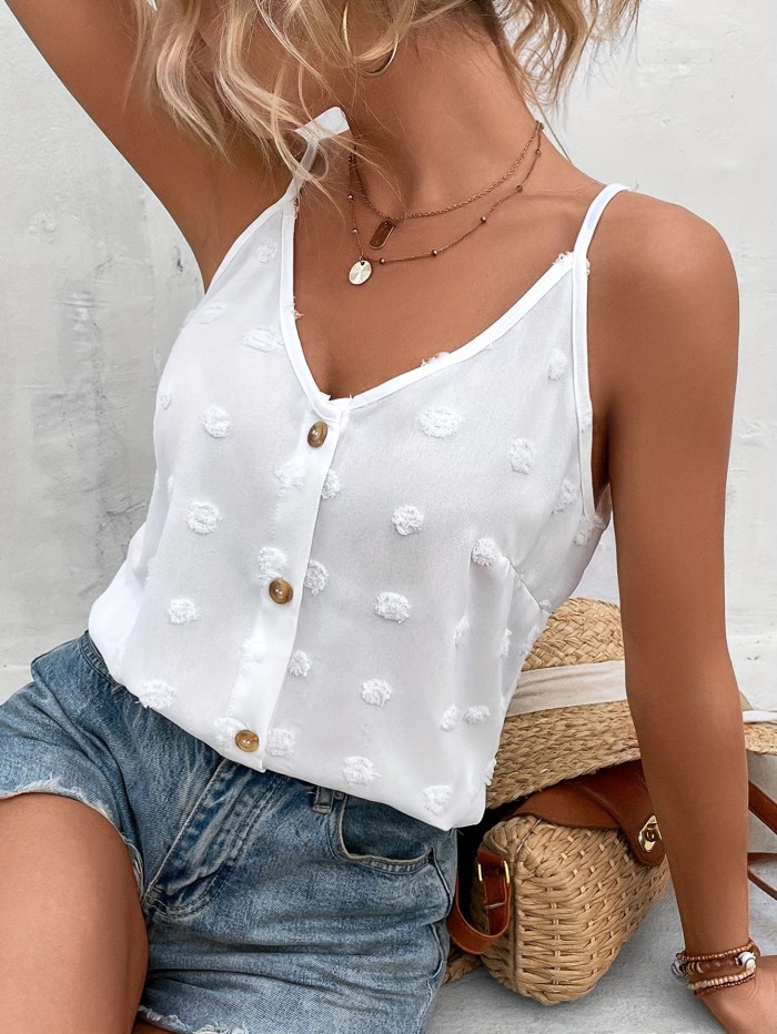 Swiss Dot Button Front Cami Top, Casual Solid Backless Spaghetti Strap Top For Spring & Summer, Women's Clothing