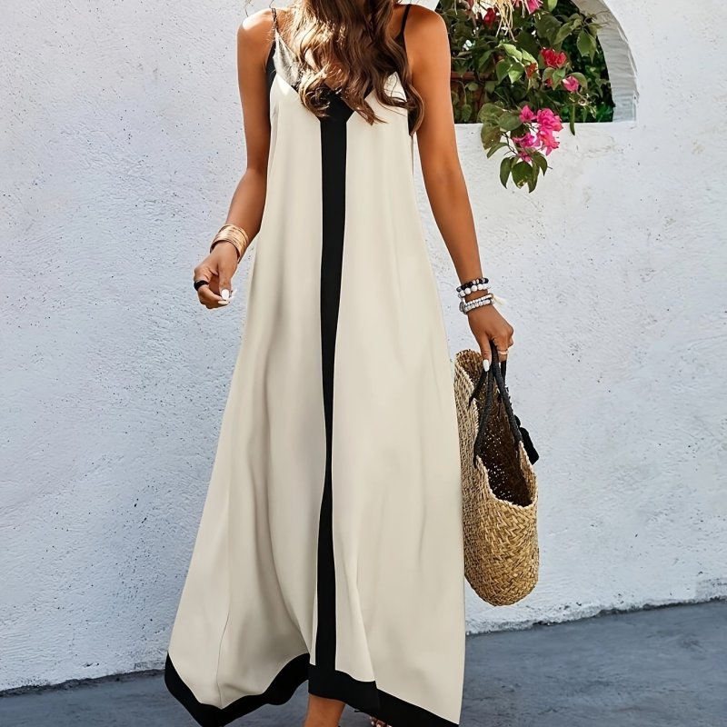 Contrast Trim Spaghetti Strap Cami Dress, Elegant Sleeveless V-neck Backless Dress, Women's Clothing