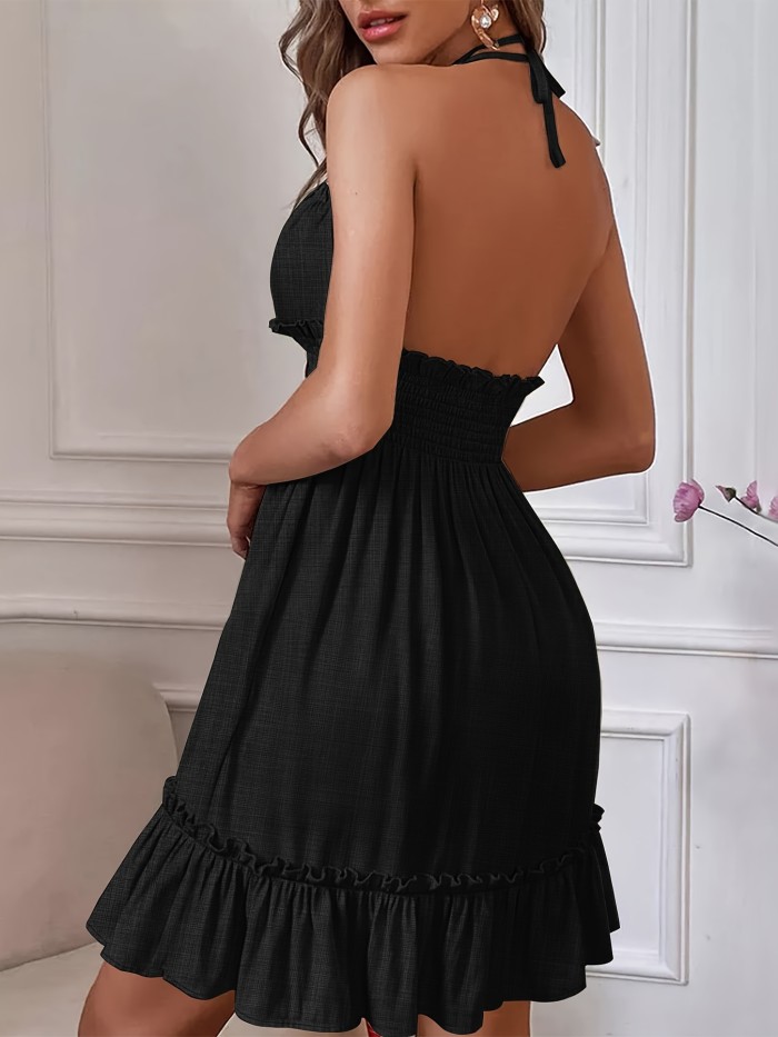 Women's Halter Neck Backless Party Dress with Shirred Waist and Ruffle Trim - Elegant and Flattering Cocktail Dress for Special Occasions
