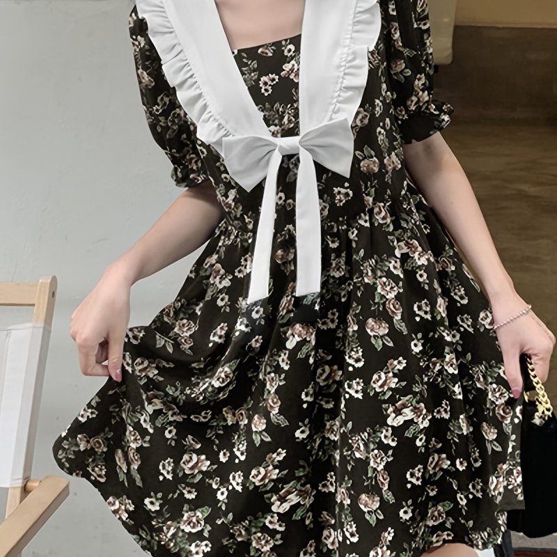 Floral Print Bow Panel Dress, Casual Short Sleeve Ruffle Trim A-line Dress, Women's Clothing For Coquette\u002FCute\u002FY2K Style