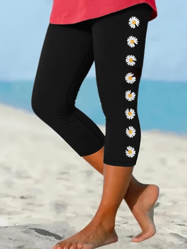 Plus Size Floral Daisy Print Comfortable Versatile Elastic Mid-Waist Capri Sporty Yoga Pants Leggings For Women