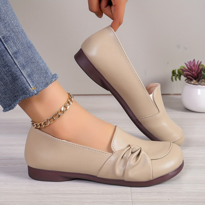 Women's Solid Color Flat Shoes, Casual Pleated Design Slip On Shoes, Lightweight & Comfortable Shoes