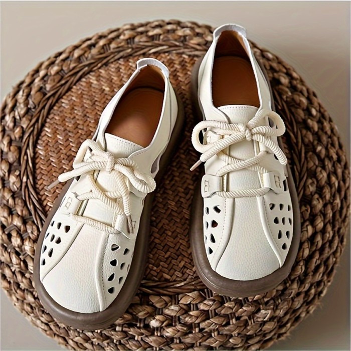 Women's Hollow Out Design Flat Shoes, Casual Lace Up Outdoor Shoes, Comfortable Low Top Shoes