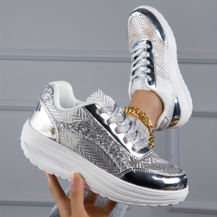 Women's Sequins Platform Sports Shoes, Fashion Mesh Low Top Sneakers, All-Match Outdoor Rocker Shoes