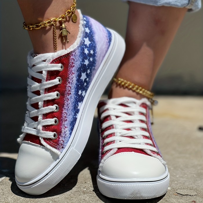 Women's Star Pattern Canvas Shoes - Lightweight Casual Lace Up Outdoor Independence Day Sneakers