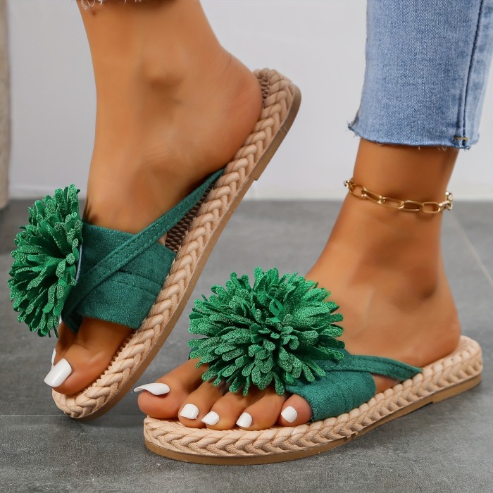 Women's Flower Decor Flat Flip Flops, Casual Solid Color Open Toe Non Slip Slides Shoes, Casual Summer Beach Slippers